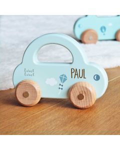 Houten speelgoedauto blauw met naam
